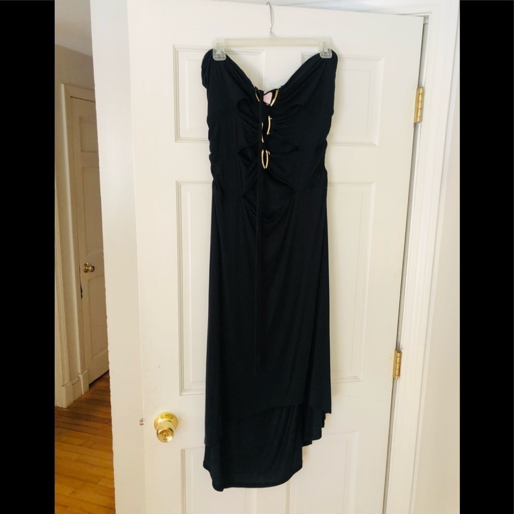 Cache size 12 black halter dress with gold details and peek a boo front